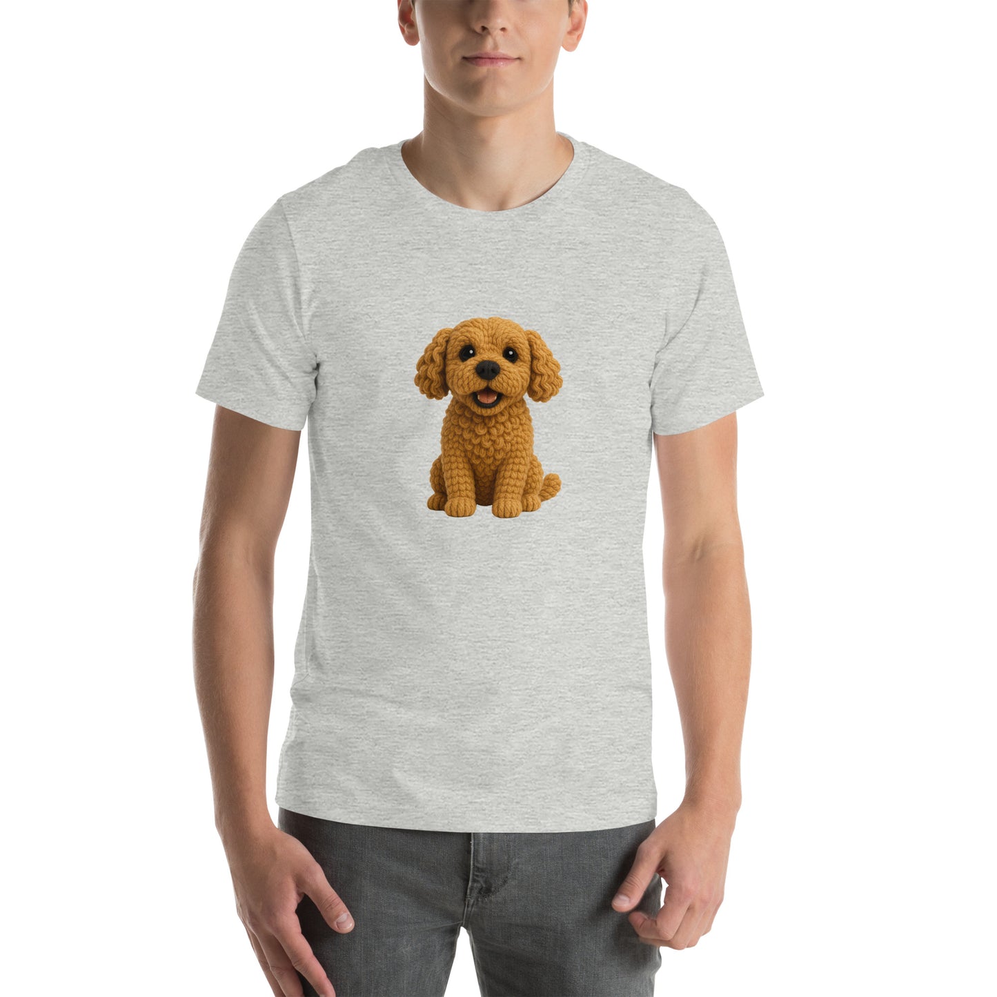 Yarnibles crochet-style Cockapoo dog on heather grey unisex T-shirt