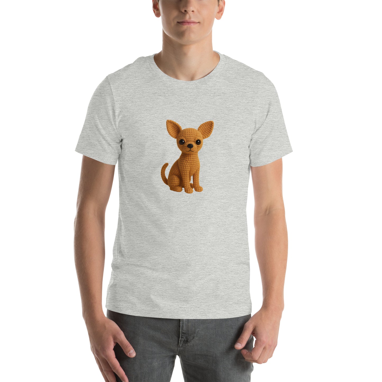 Yarnibles crochet-style Chihuahua dog on heather grey unisex T-shirt
