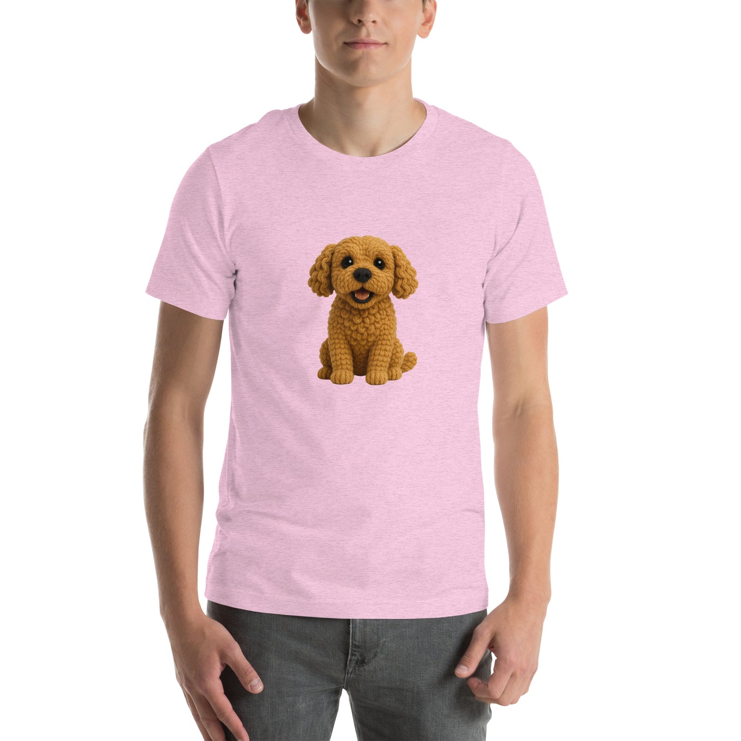 Yarnibles crochet-style Cockapoo dog on pink unisex T-shirt