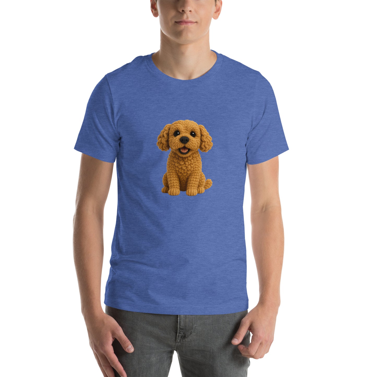 Yarnibles crochet-style Cockapoo dog on blue unisex T-shirt