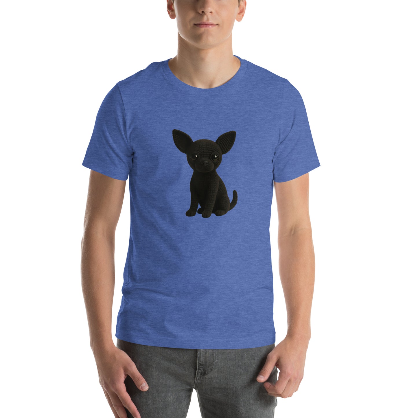 Yarnibles crochet-style Chihuahua dog (design 2) on blue unisex T-shirt