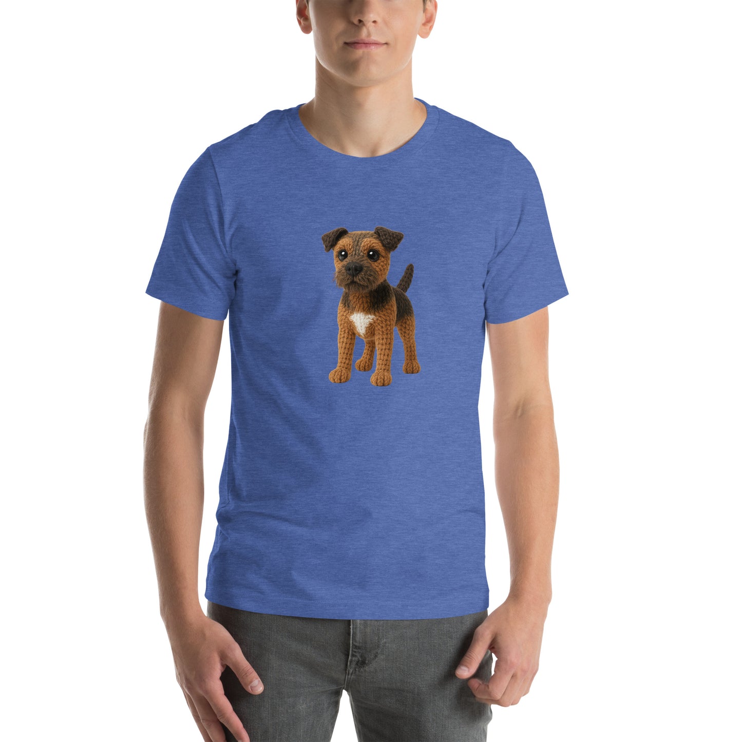 Yarnibles crochet-style Border Terrier dog on blue unisex T-shirt