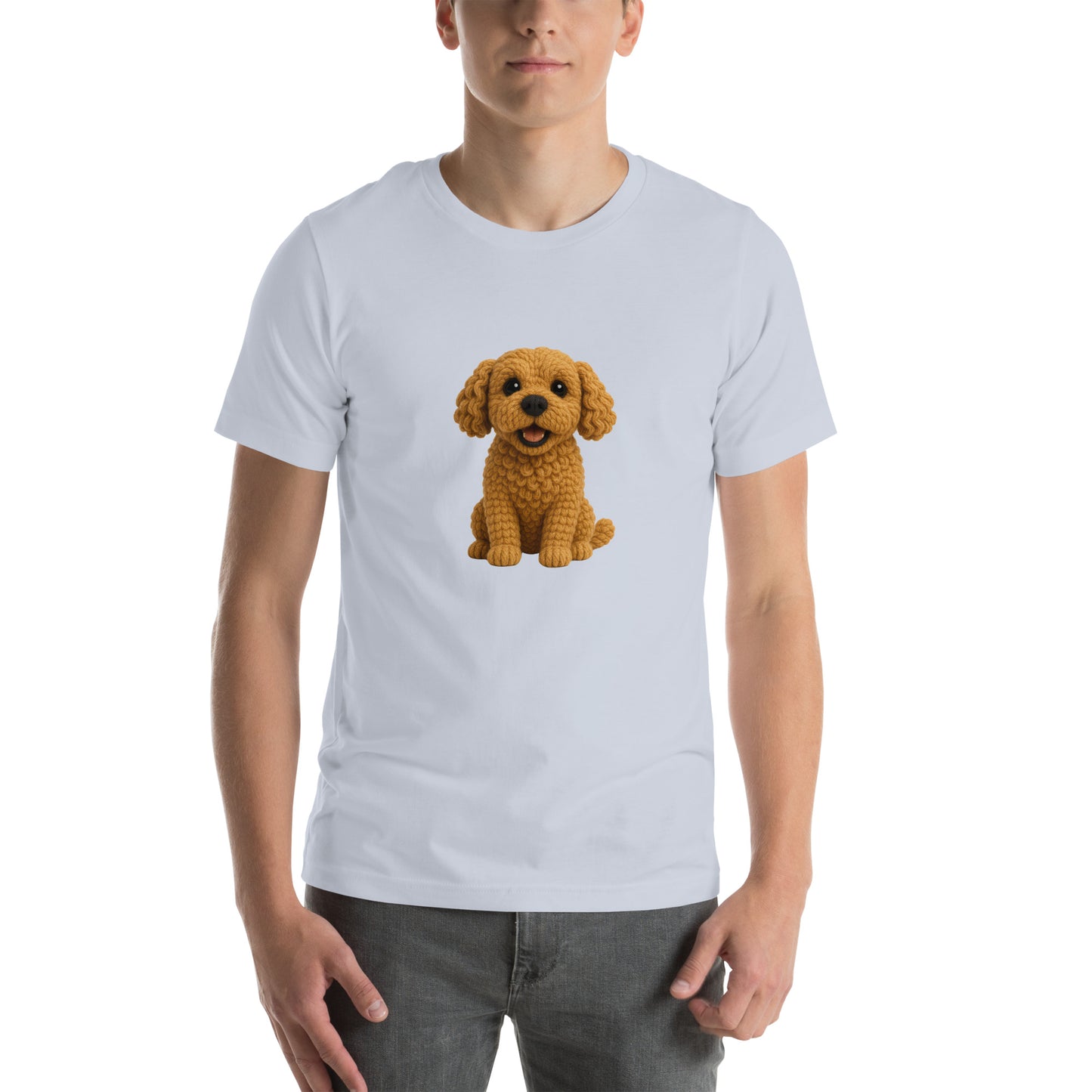 Yarnibles crochet-style Cockapoo dog on light blue unisex T-shirt