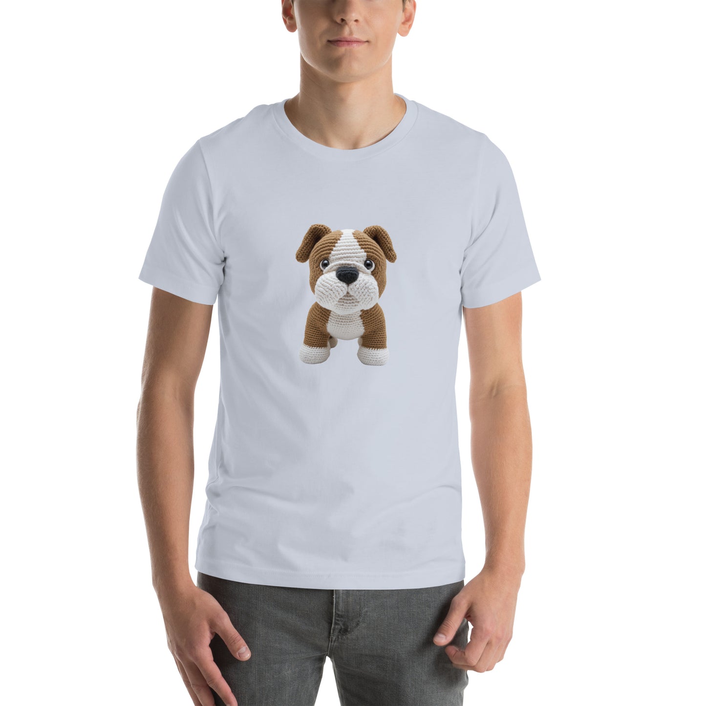 Yarnibles crochet-style Bulldog dog on light blue unisex T-shirt