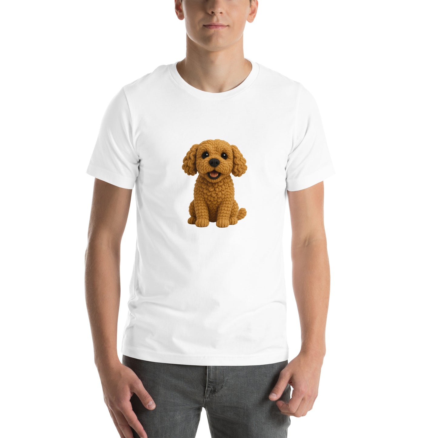 Yarnibles crochet-style Cockapoo dog on white unisex T-shirt