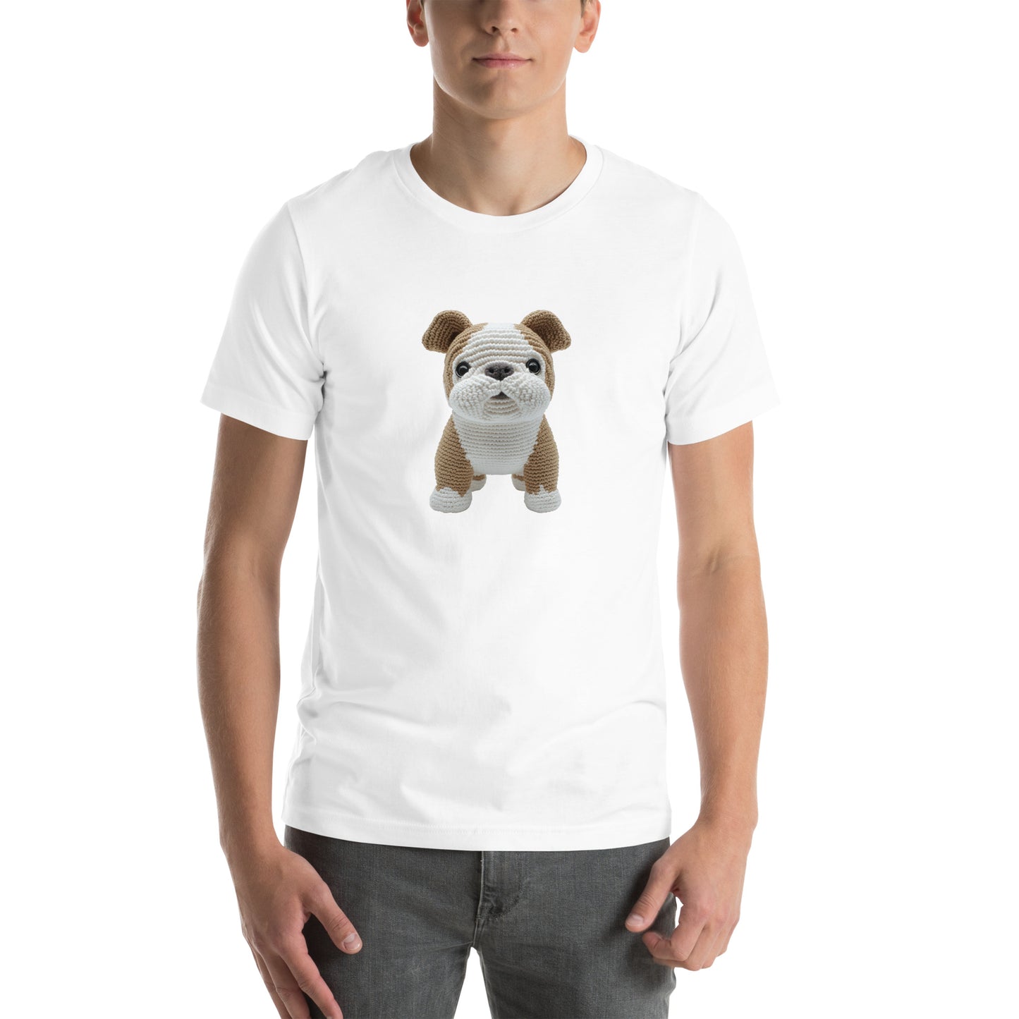 Yarnibles crochet-style Bulldog dog (design 2) on white unisex T-shirt