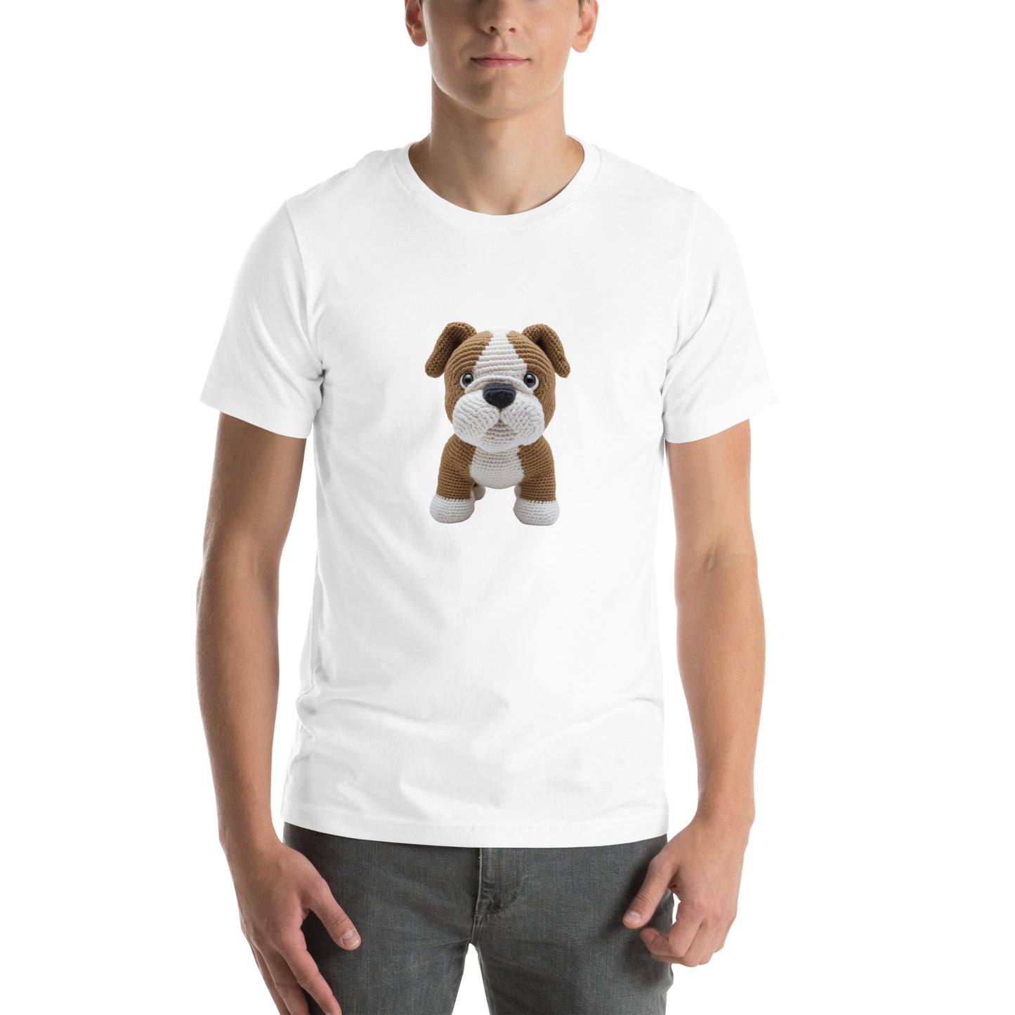 Yarnibles crochet-style Bulldog dog on white unisex T-shirt