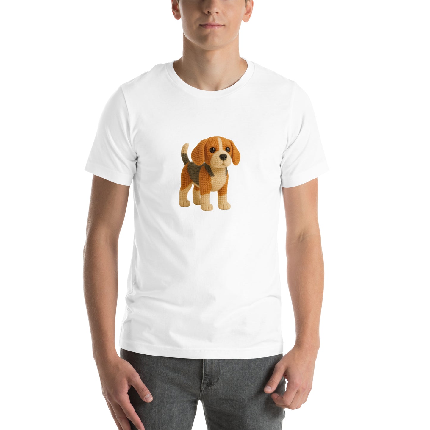 Yarnibles crochet-style Beagle dog on white unisex T-shirt