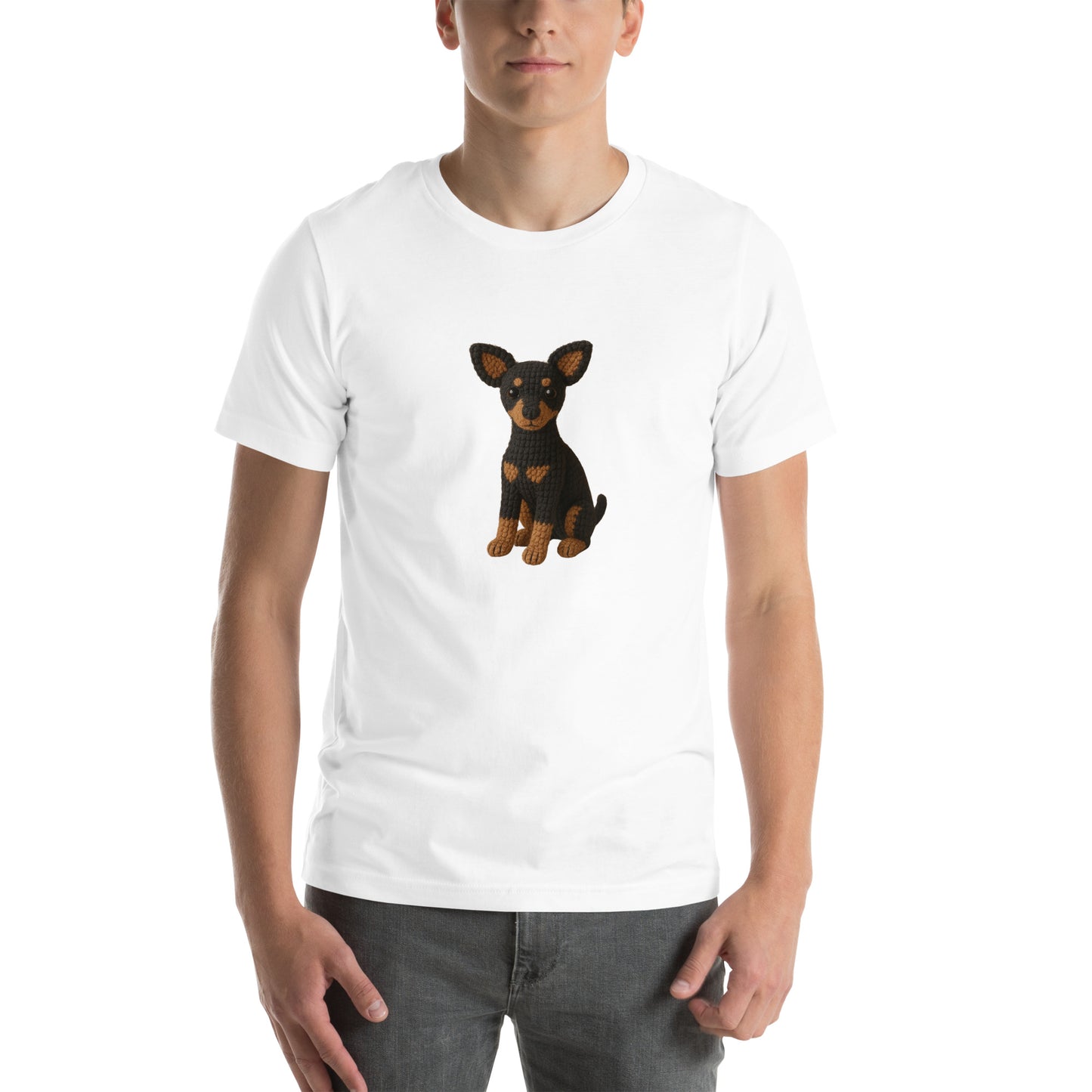Yarnibles crochet-style Miniature Pinscher dog on white unisex T-shirt