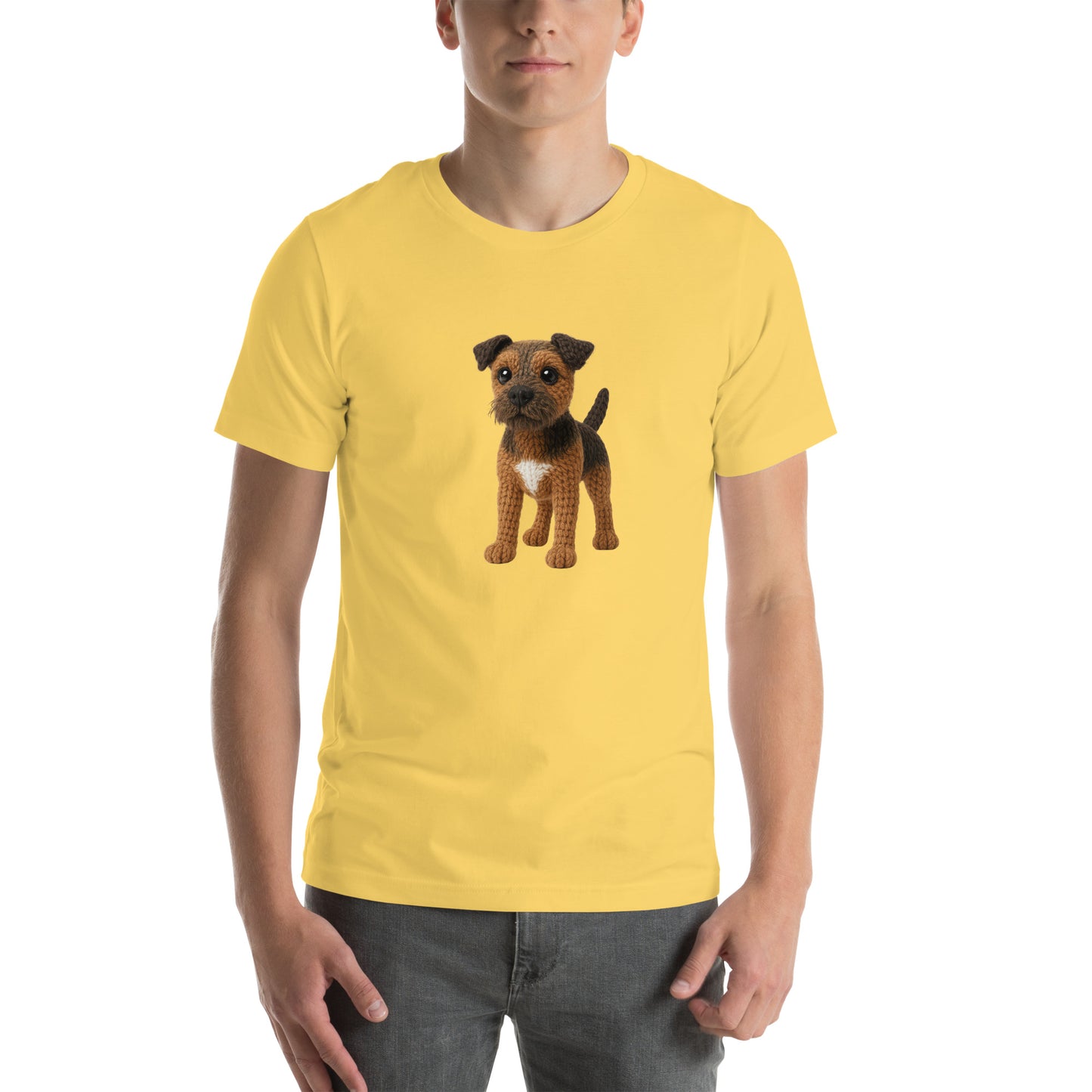 Yarnibles crochet-style Border Terrier dog on yellow unisex T-shirt
