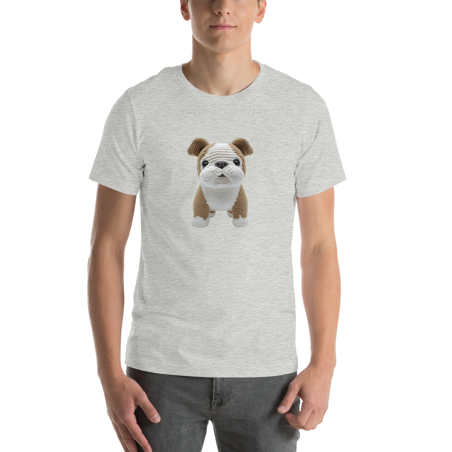 Yarnibles crochet-style Bulldog dog (design 2) on heather grey unisex T-shirt