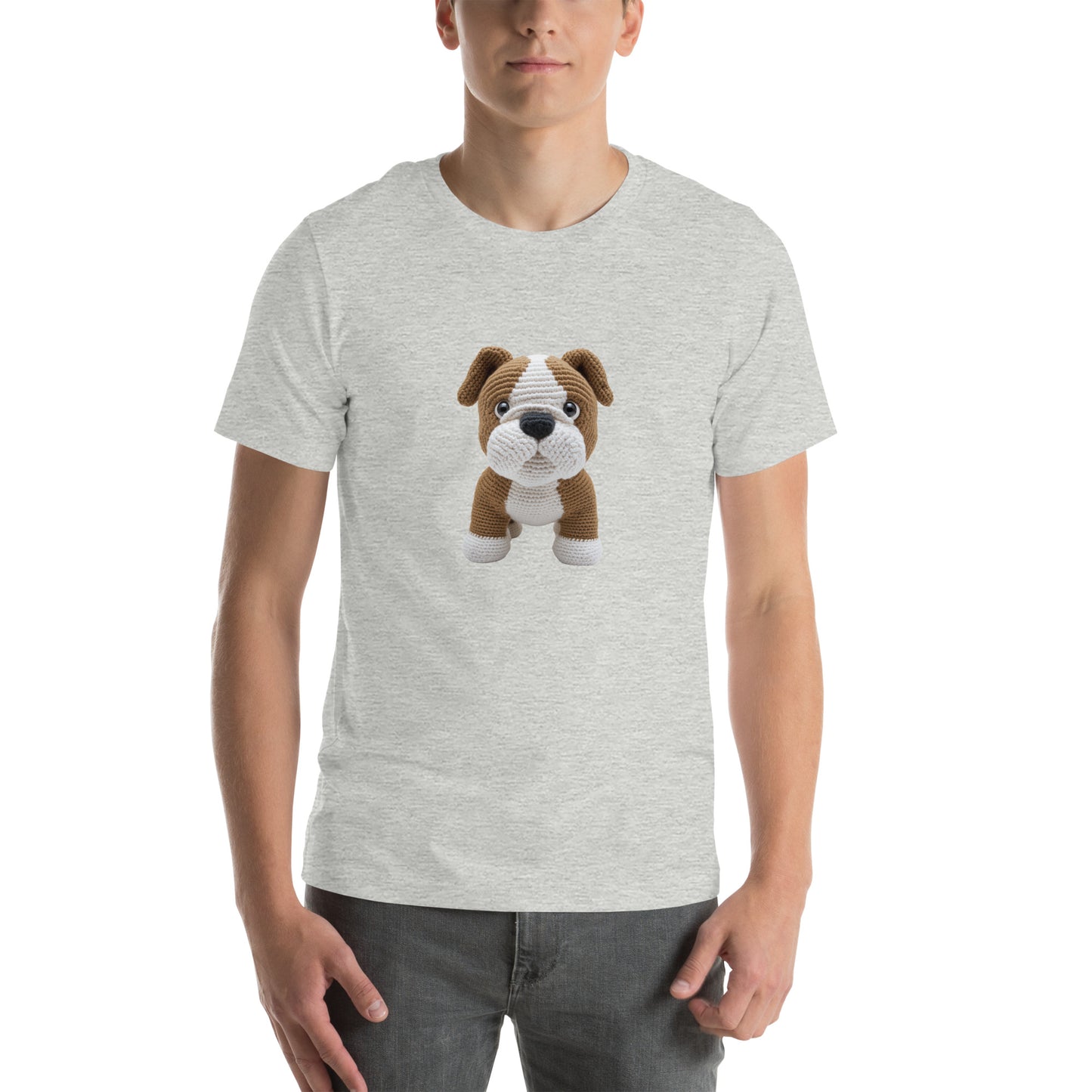 Yarnibles crochet-style Bulldog dog on heather grey unisex T-shirt