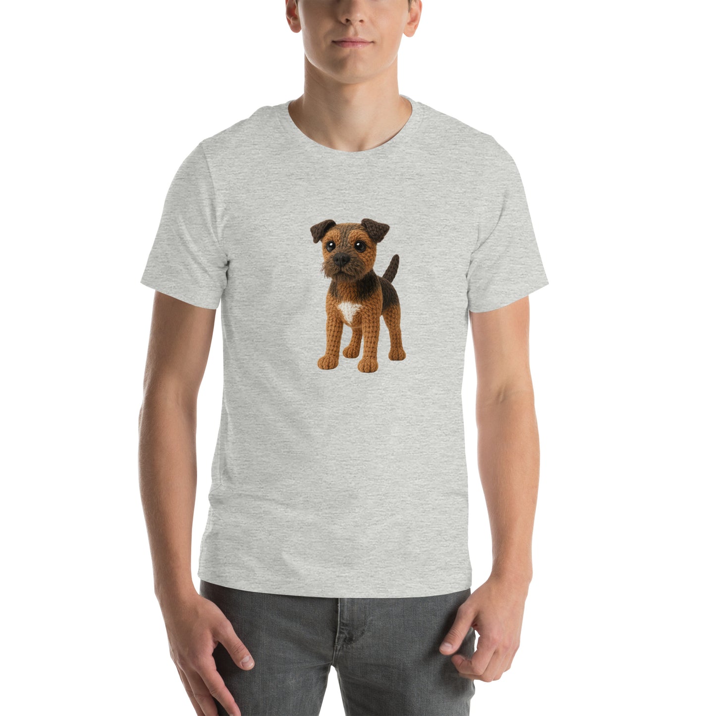 Yarnibles crochet-style Border Terrier dog on heather grey unisex T-shirt