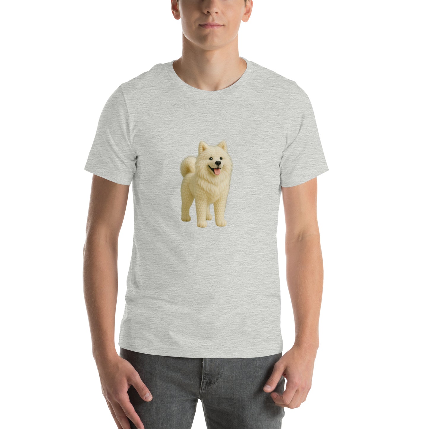 Yarnibles crochet-style Akita dog on heather grey unisex T-shirt