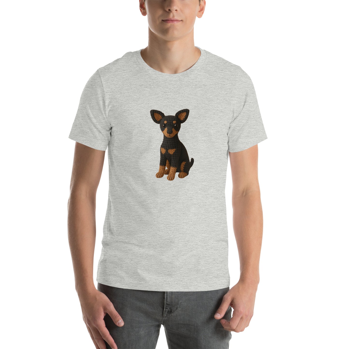 Yarnibles crochet-style Miniature Pinscher dog on heather grey unisex T-shirt