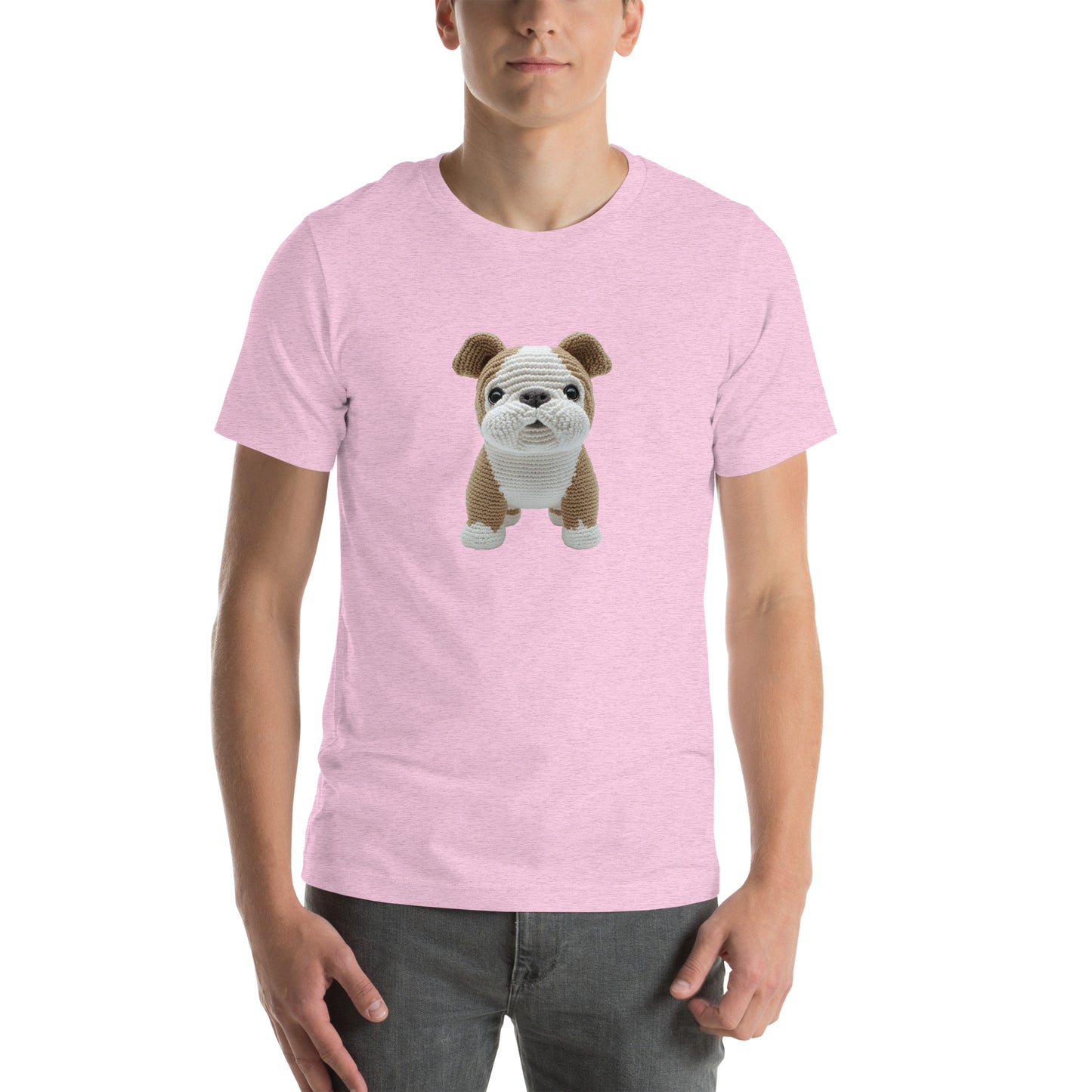 Yarnibles crochet-style Bulldog dog (design 2) on pink unisex T-shirt