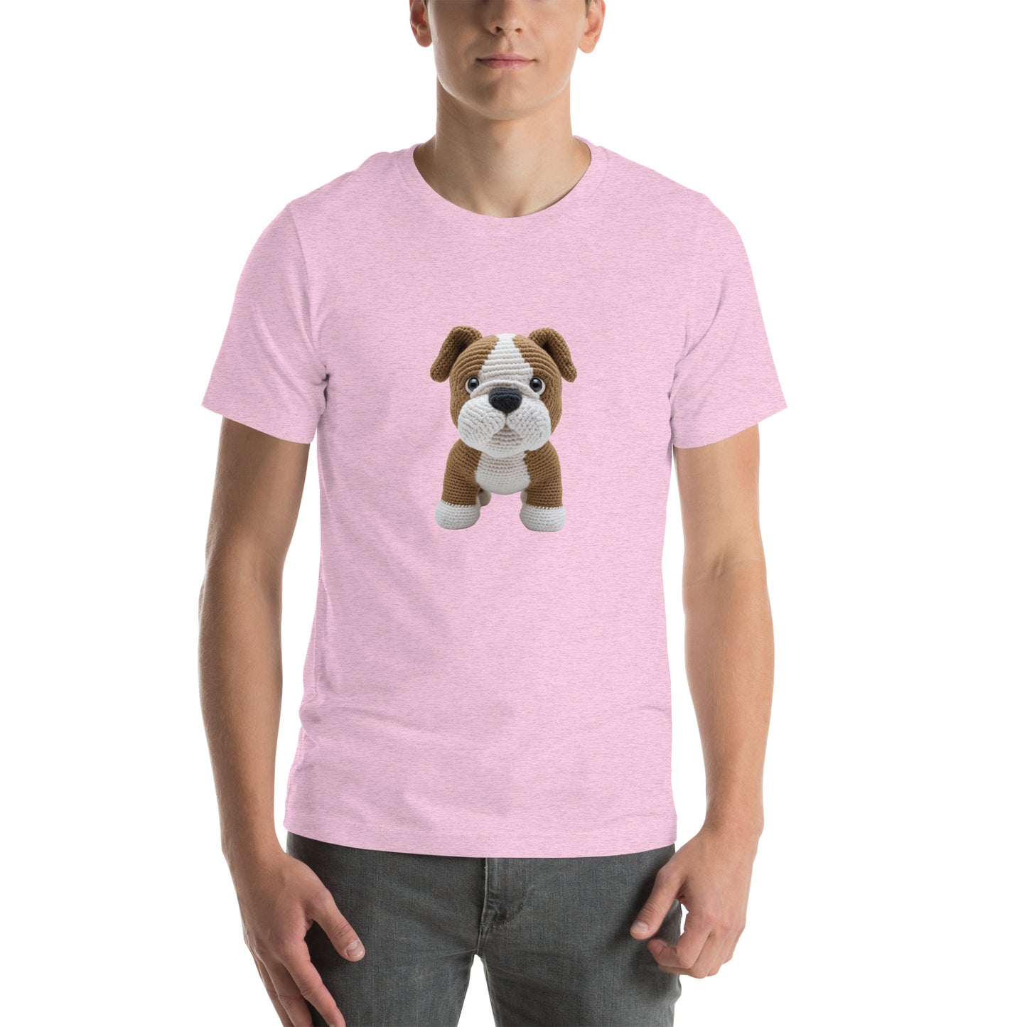 Yarnibles crochet-style Bulldog dog on pink unisex T-shirt
