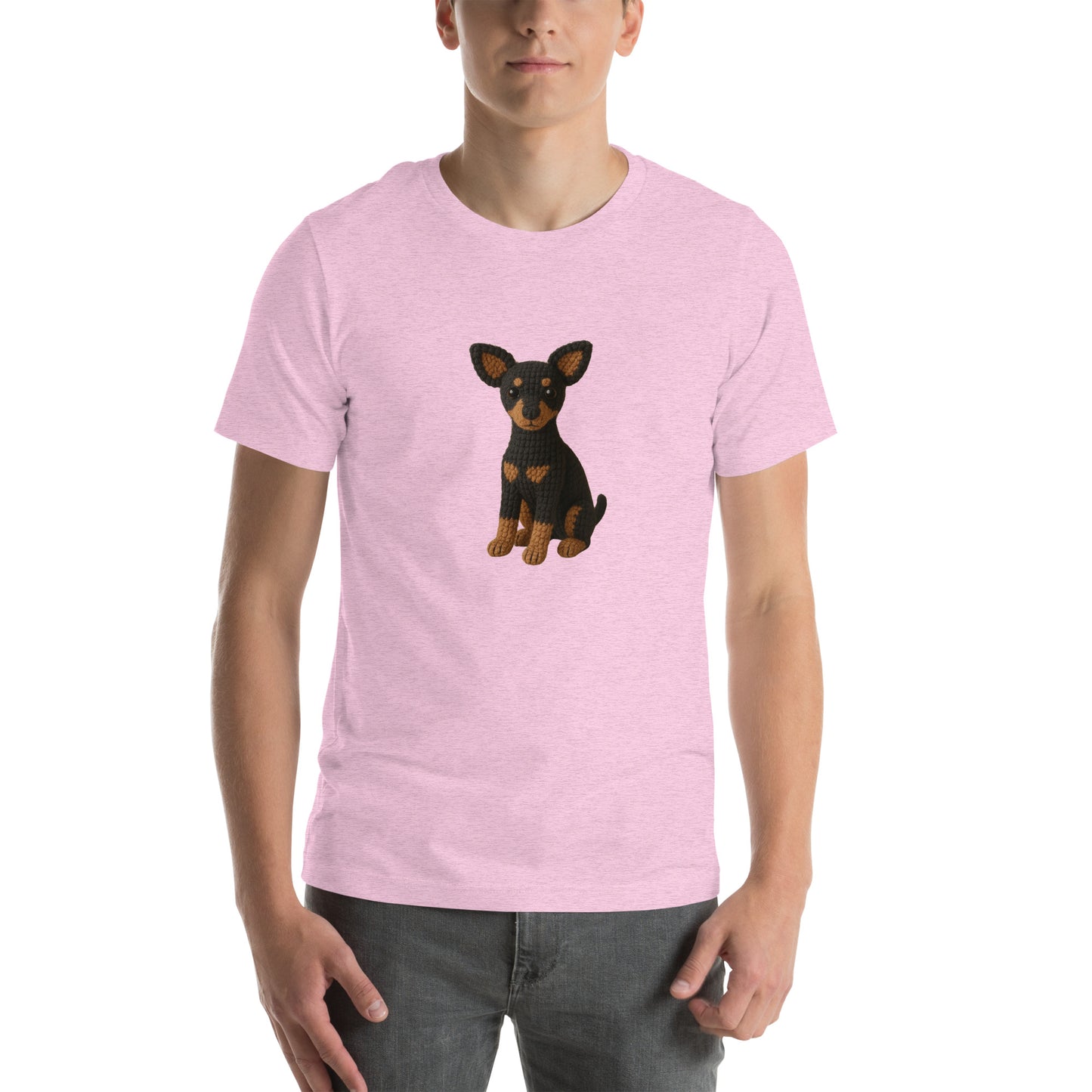 Yarnibles crochet-style Miniature Pinscher dog on pink unisex T-shirt
