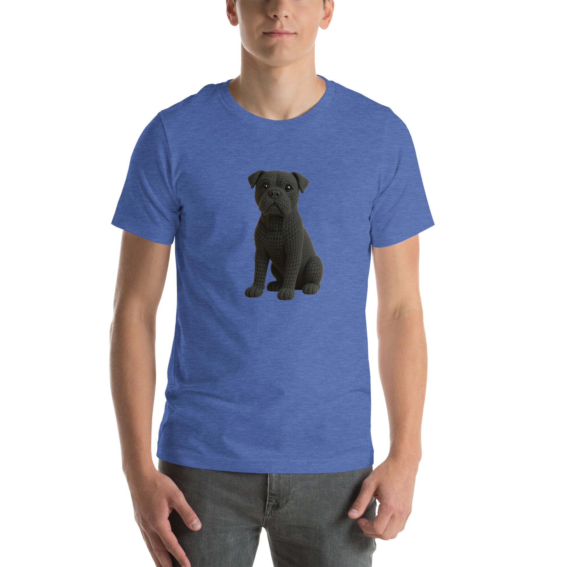 Yarnibles crochet-style black Cane Corso dog on blue unisex T-shirt