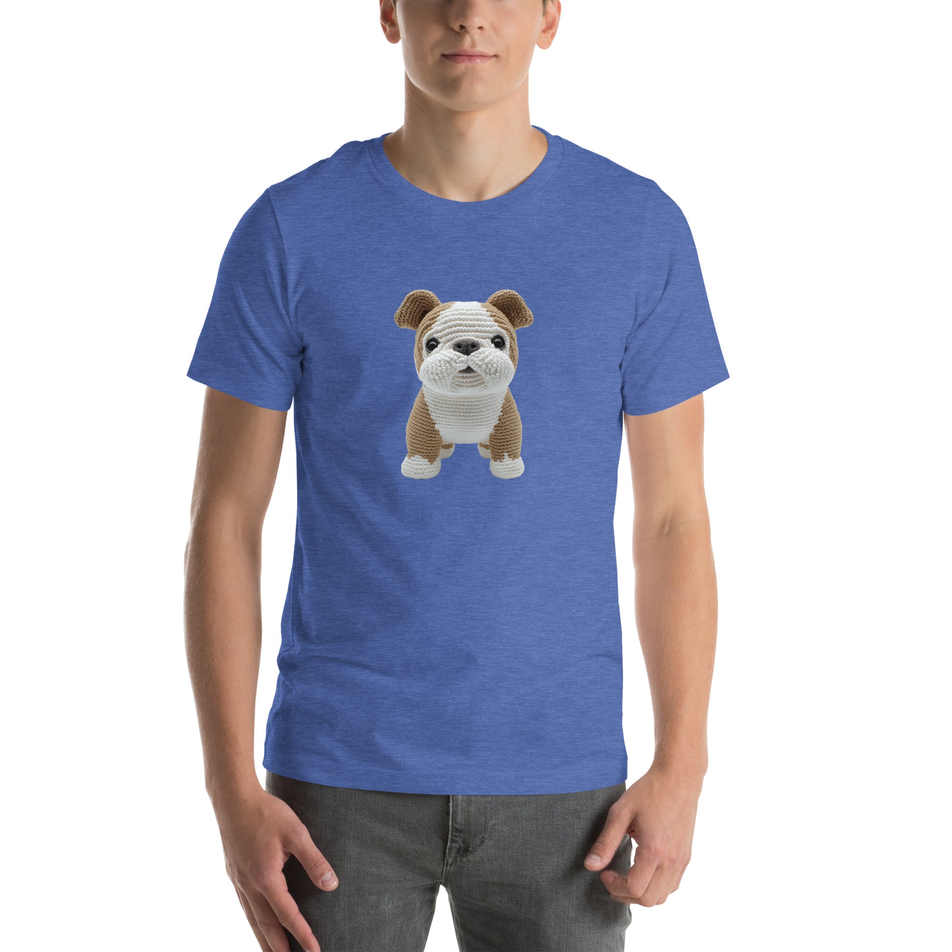Yarnibles crochet-style Bulldog dog (design 2) on blue unisex T-shirt