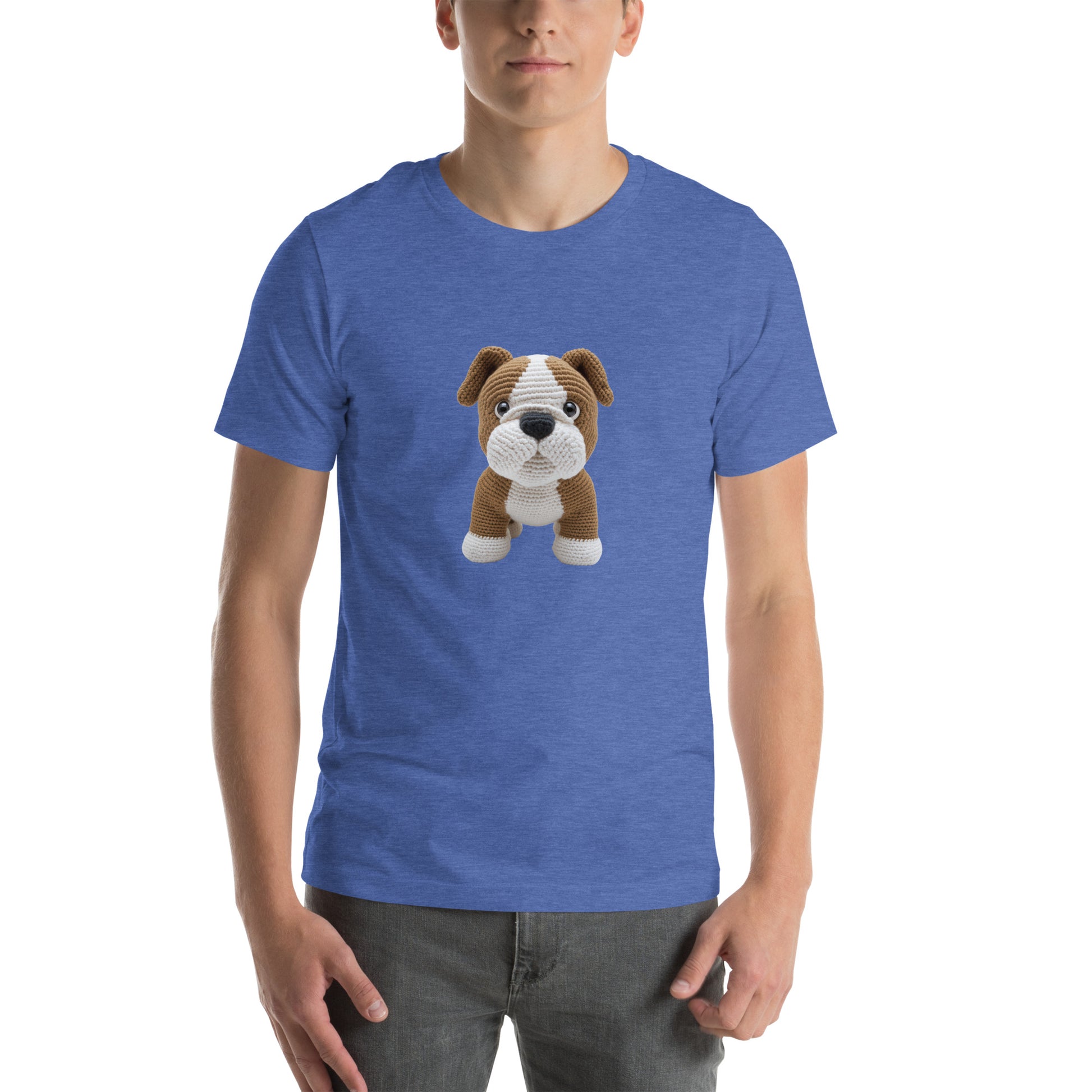 Yarnibles crochet-style Bulldog dog on blue unisex T-shirt