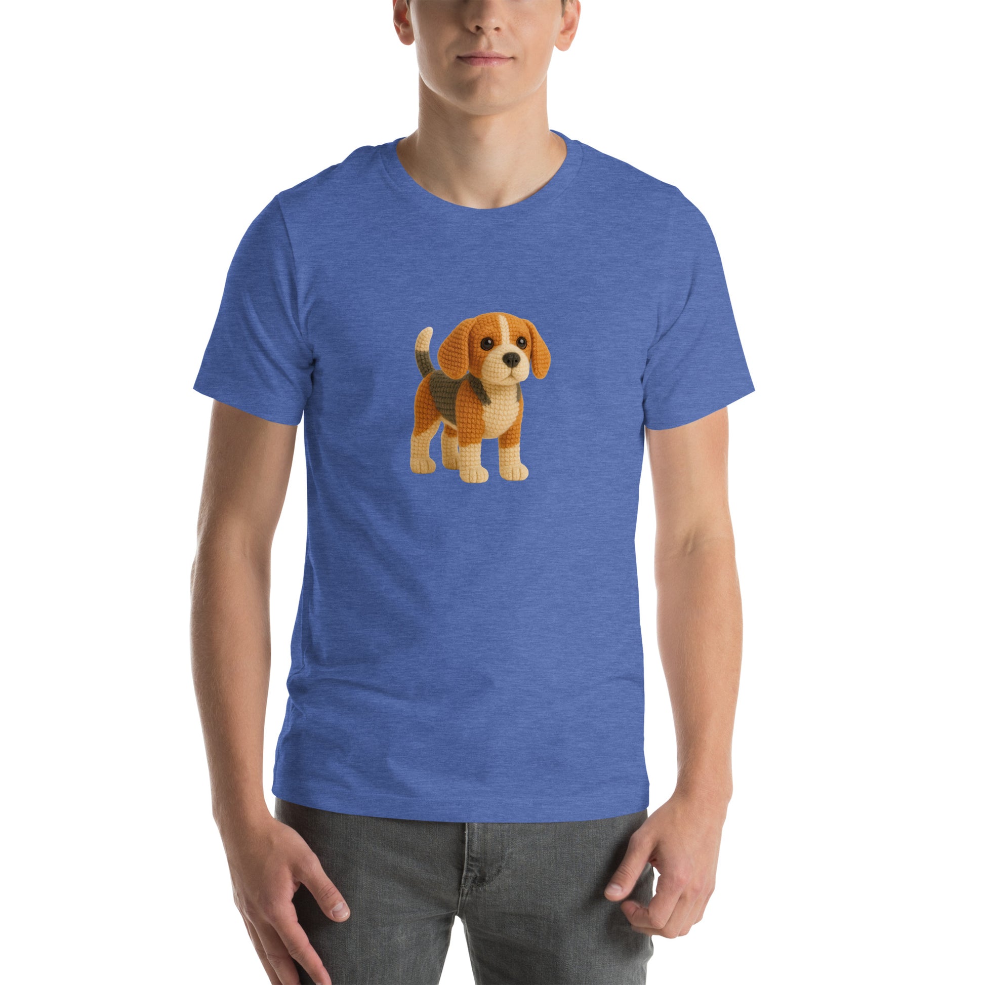 Yarnibles crochet-style Beagle dog on blue unisex T-shirt