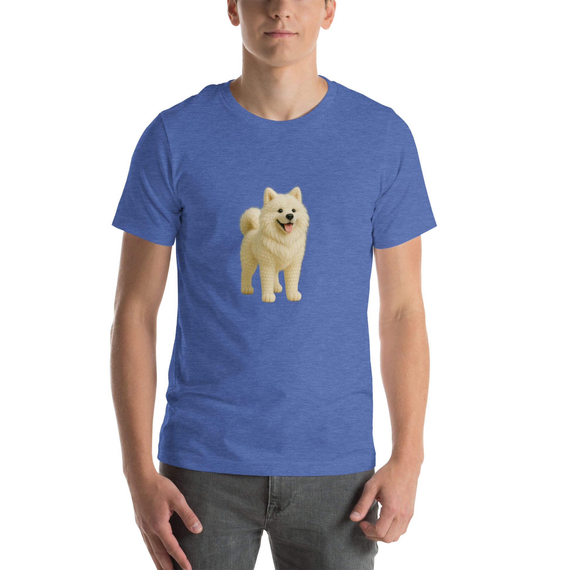 Yarnibles crochet-style Akita dog on blue unisex T-shirt