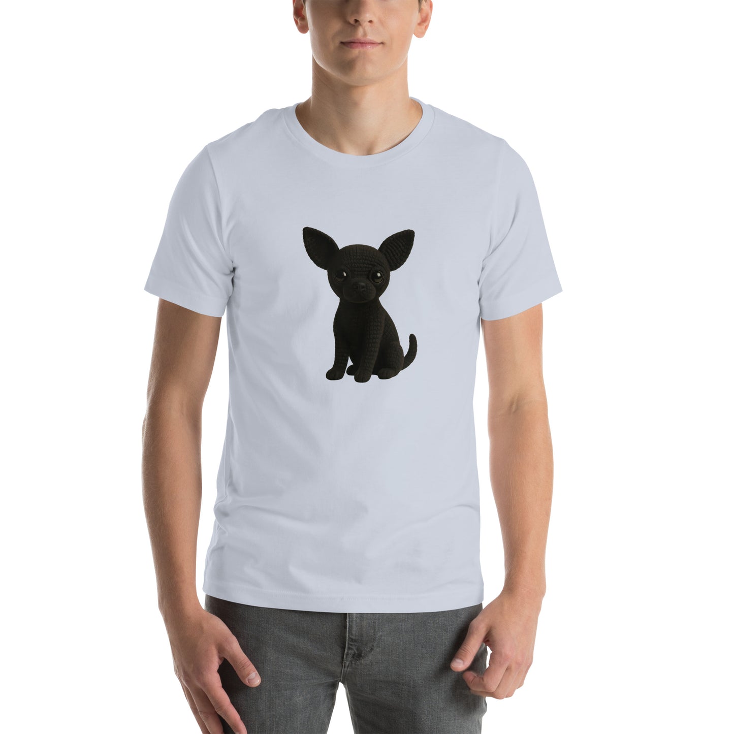Yarnibles crochet-style Chihuahua dog (design 2) on light blue unisex T-shirt