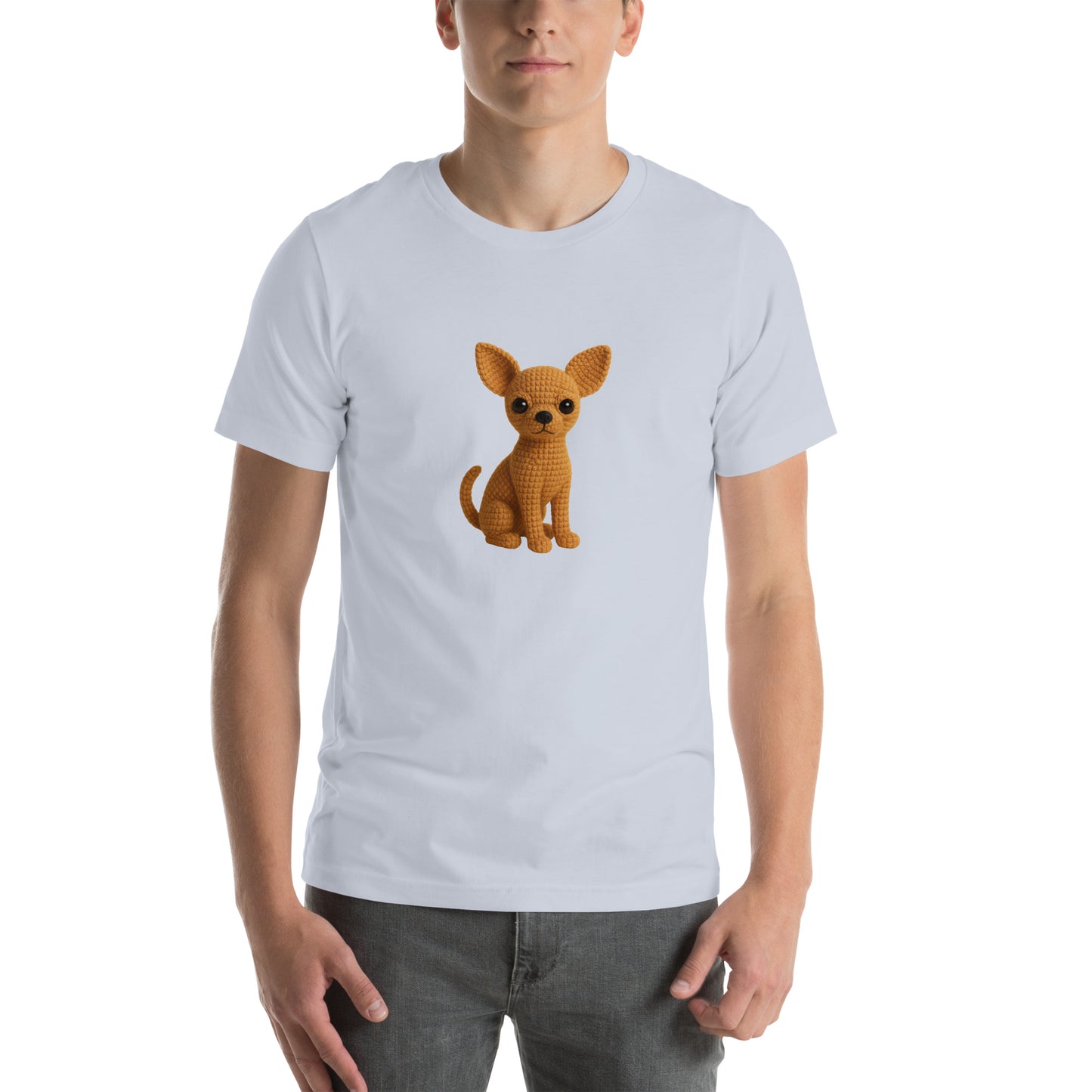 Yarnibles crochet-style Chihuahua dog on light blue unisex T-shirt