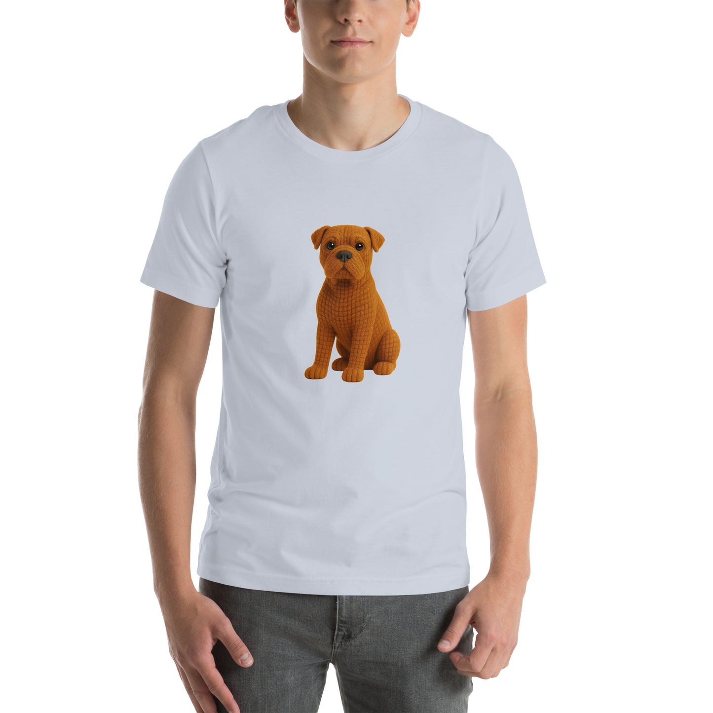 Yarnibles crochet-style Cane Corso dog on light blue unisex T-shirt