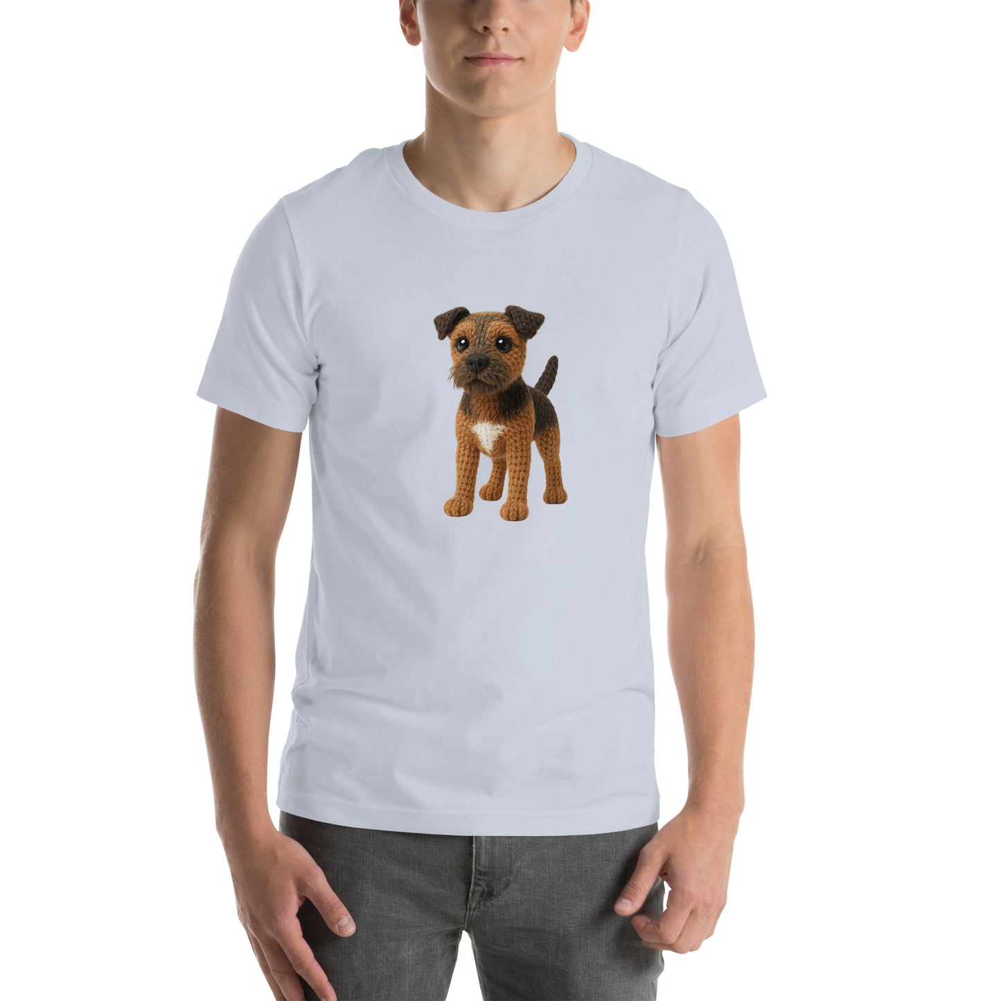 Yarnibles crochet-style Border Terrier dog on light blue unisex T-shirt