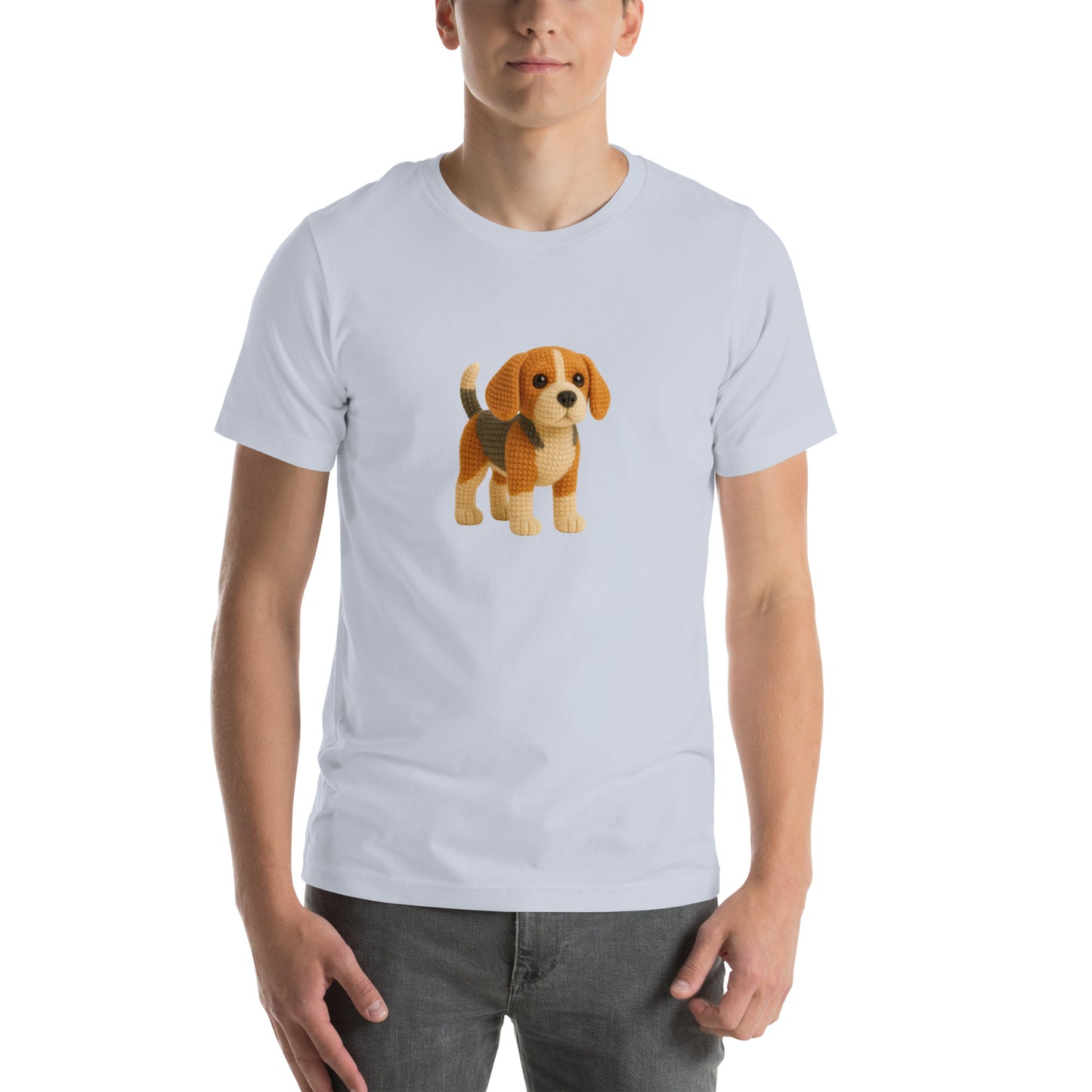 Yarnibles crochet-style Beagle dog on light blue unisex T-shirt