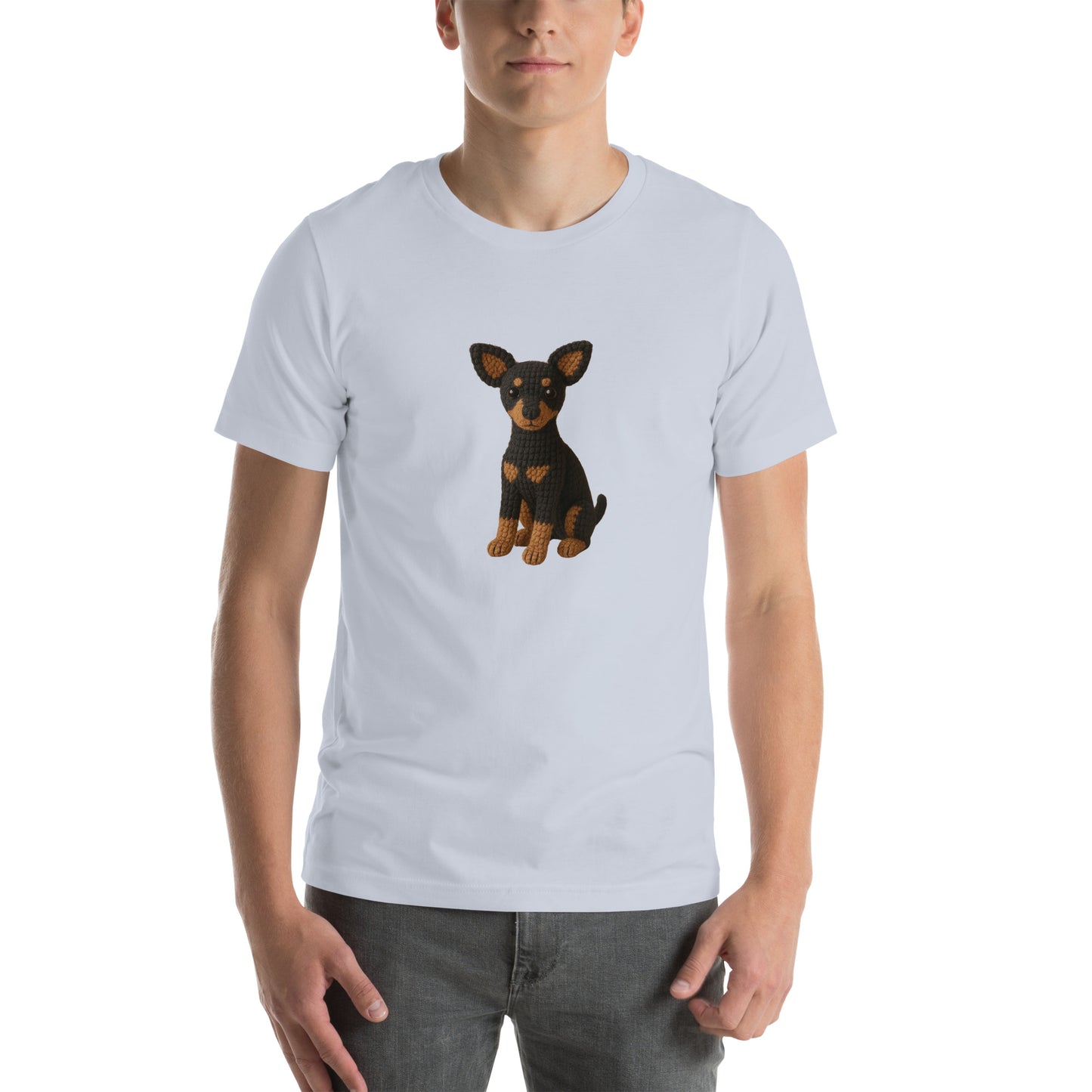 Crochet-style amigurumi Miniature Pinscher dog on white unisex T-shirt