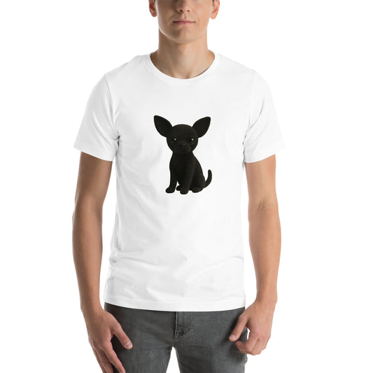 Yarnibles crochet-style Chihuahua dog (design 2) on white unisex T-shirt