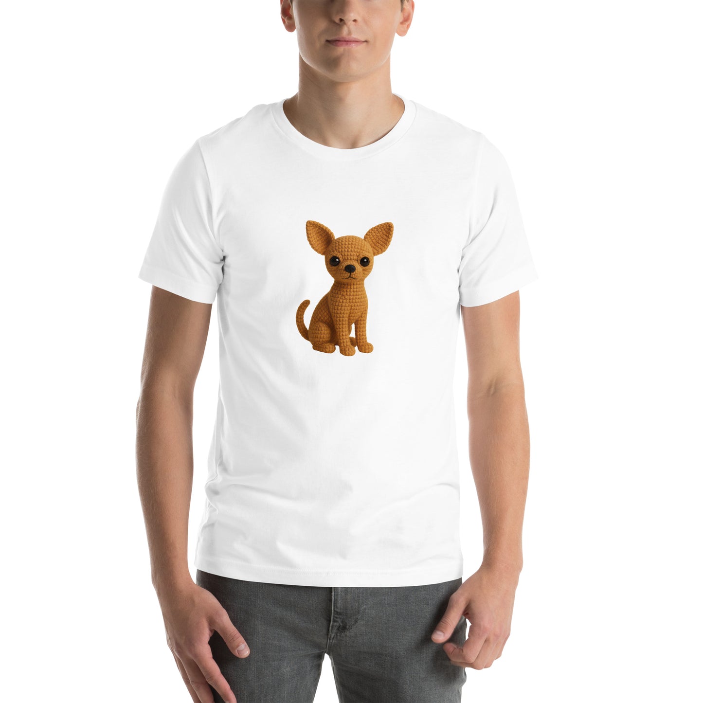 Yarnibles crochet-style Chihuahua dog on white unisex T-shirt