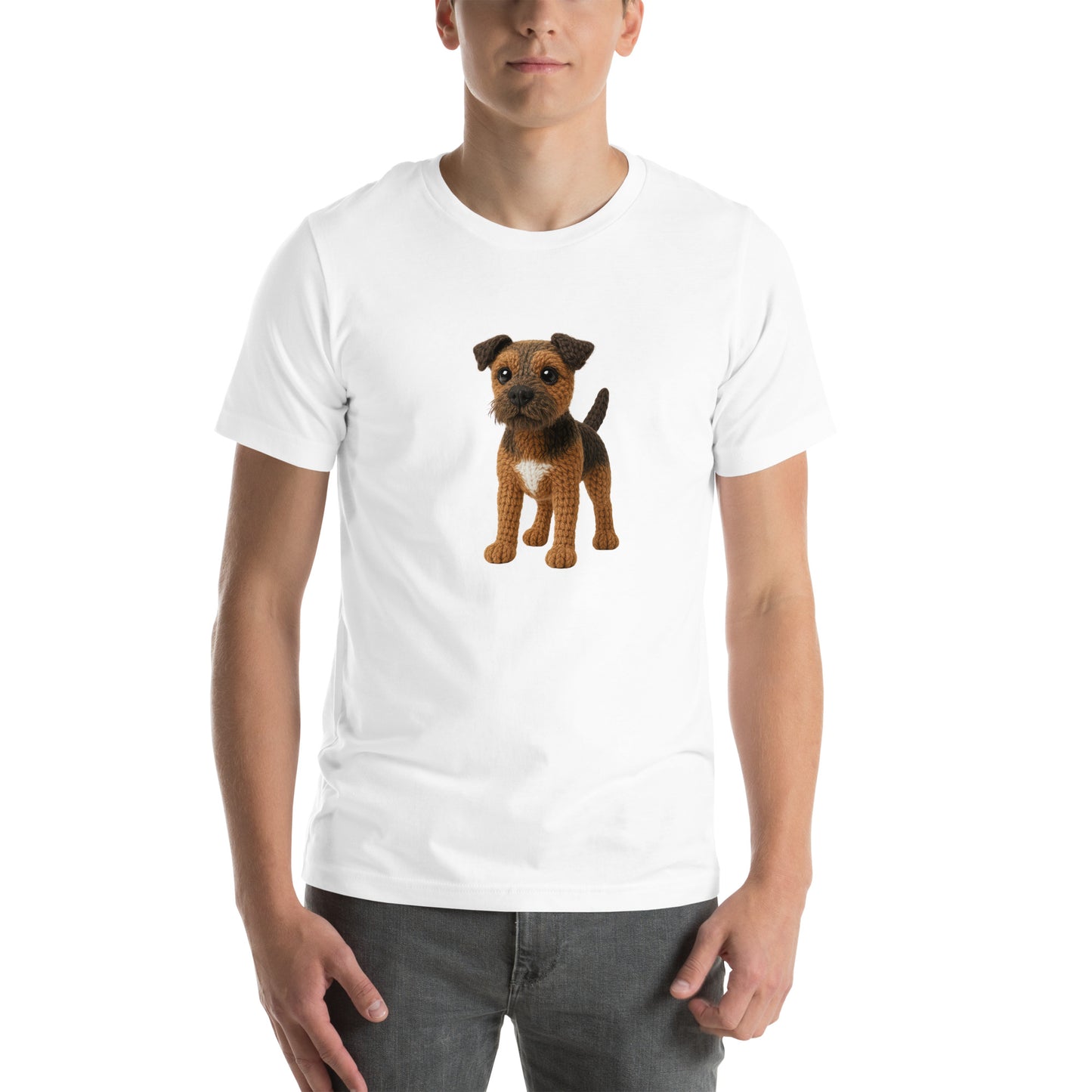Yarnibles crochet-style Border Terrier dog on white unisex T-shirt