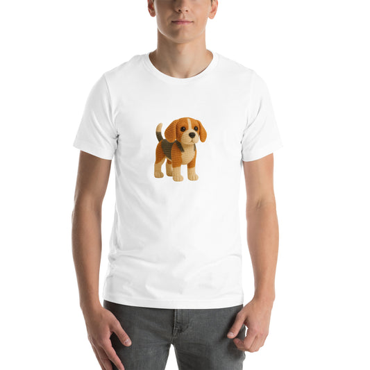 Yarnibles crochet-style Beagle dog on white unisex T-shirt
