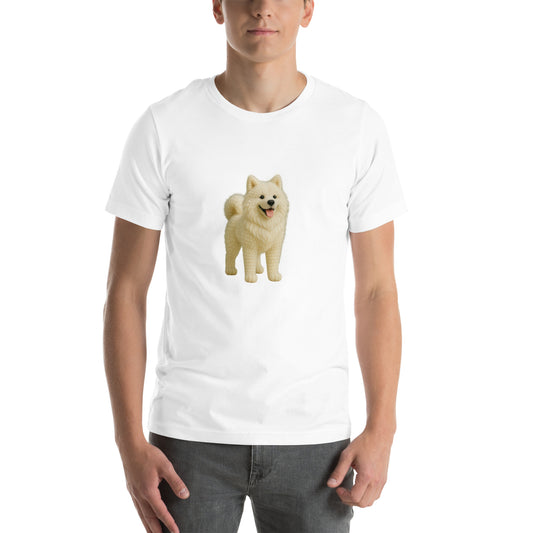 Akita Dog crochet-style dog portrait on white unisex T-shirt by Yarnibles