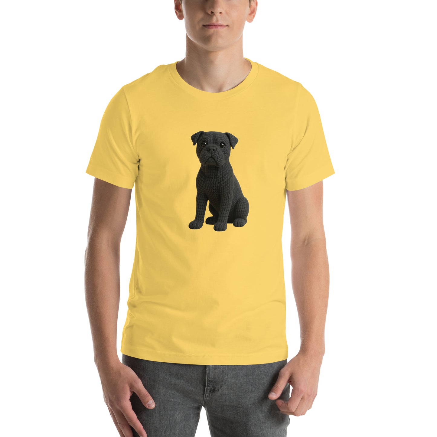 Yarnibles crochet-style black Cane Corso dog on yellow unisex T-shirt
