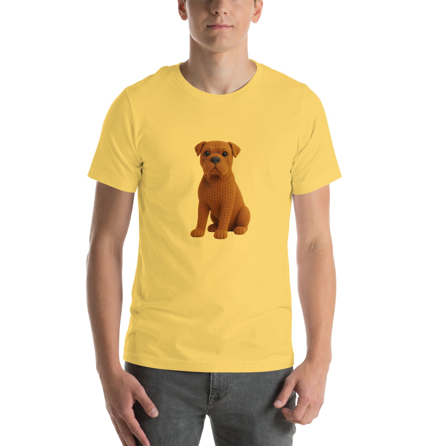 Yarnibles crochet-style Cane Corso dog on yellow unisex T-shirt