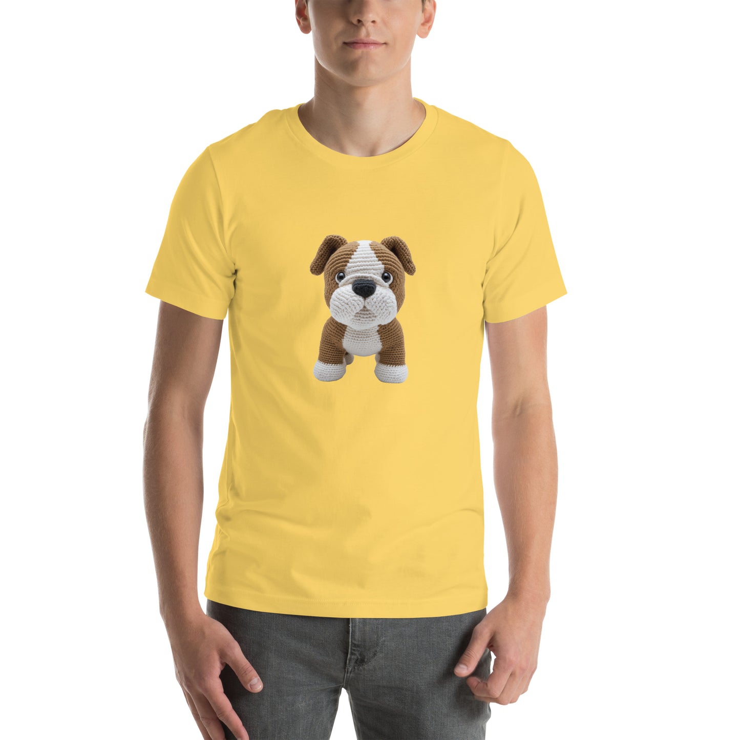Yarnibles crochet-style Bulldog dog on yellow unisex T-shirt