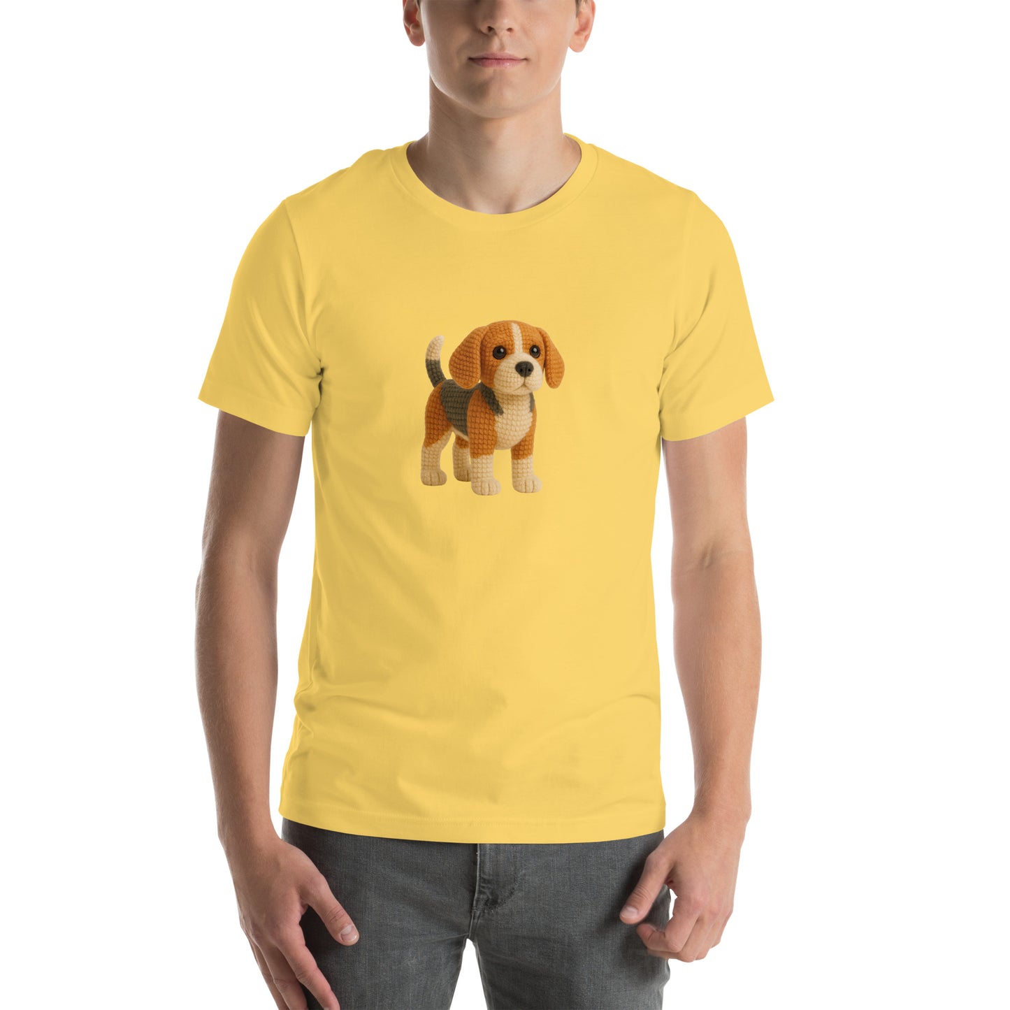 Yarnibles crochet-style Beagle dog on yellow unisex T-shirt
