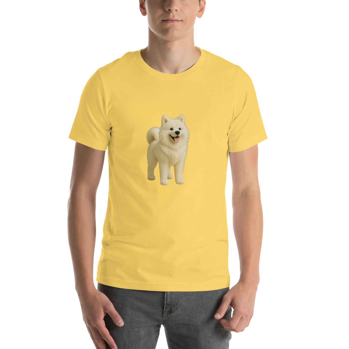 Yarnibles crochet-style Akita dog on yellow unisex T-shirt