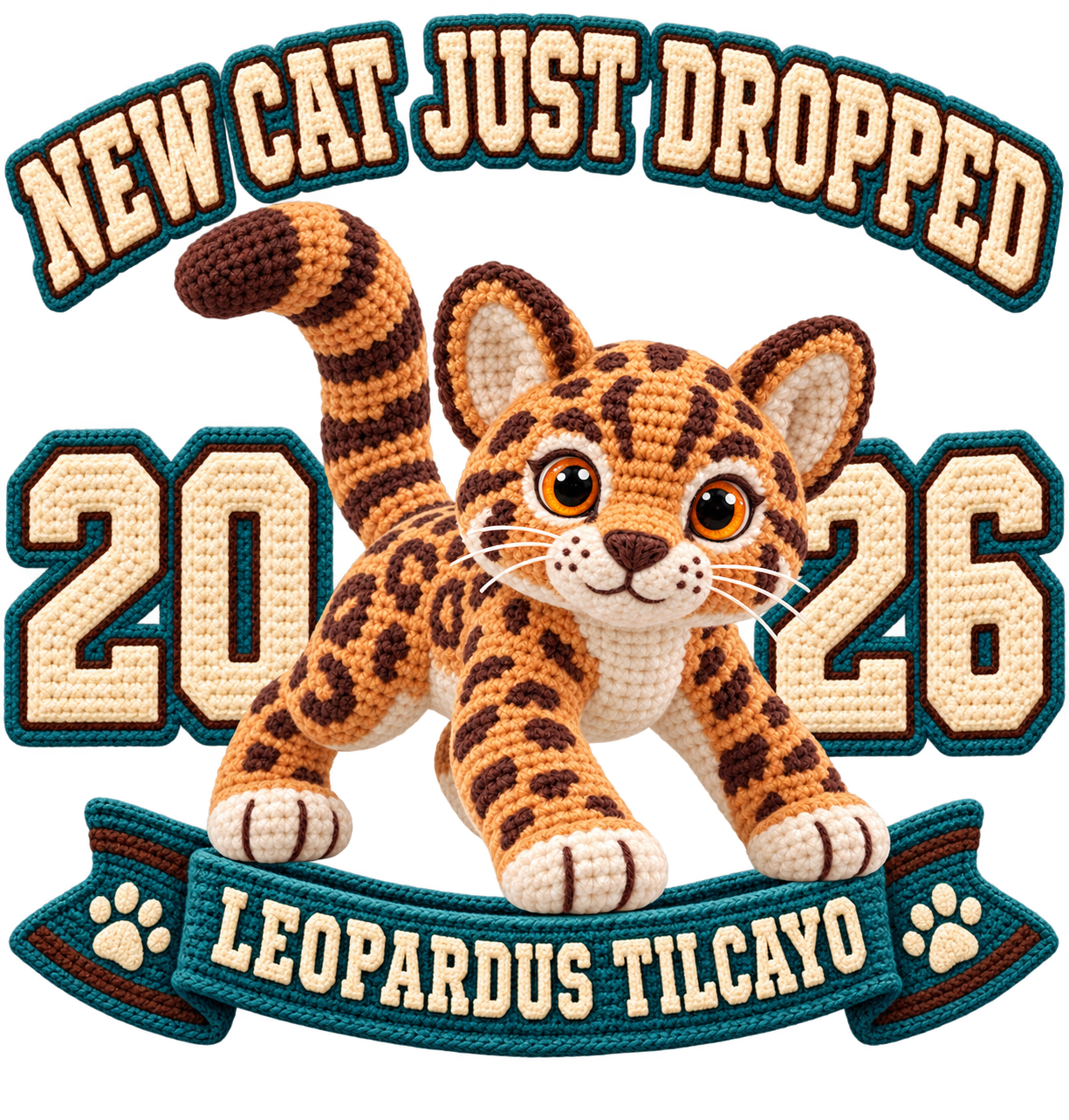 Crochet-style tilcayo cat with bold varsity 2026 lettering